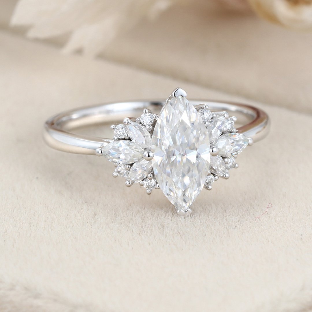 1.0 Carats Marquise Shape Moissanite Cluster Engagement Ring