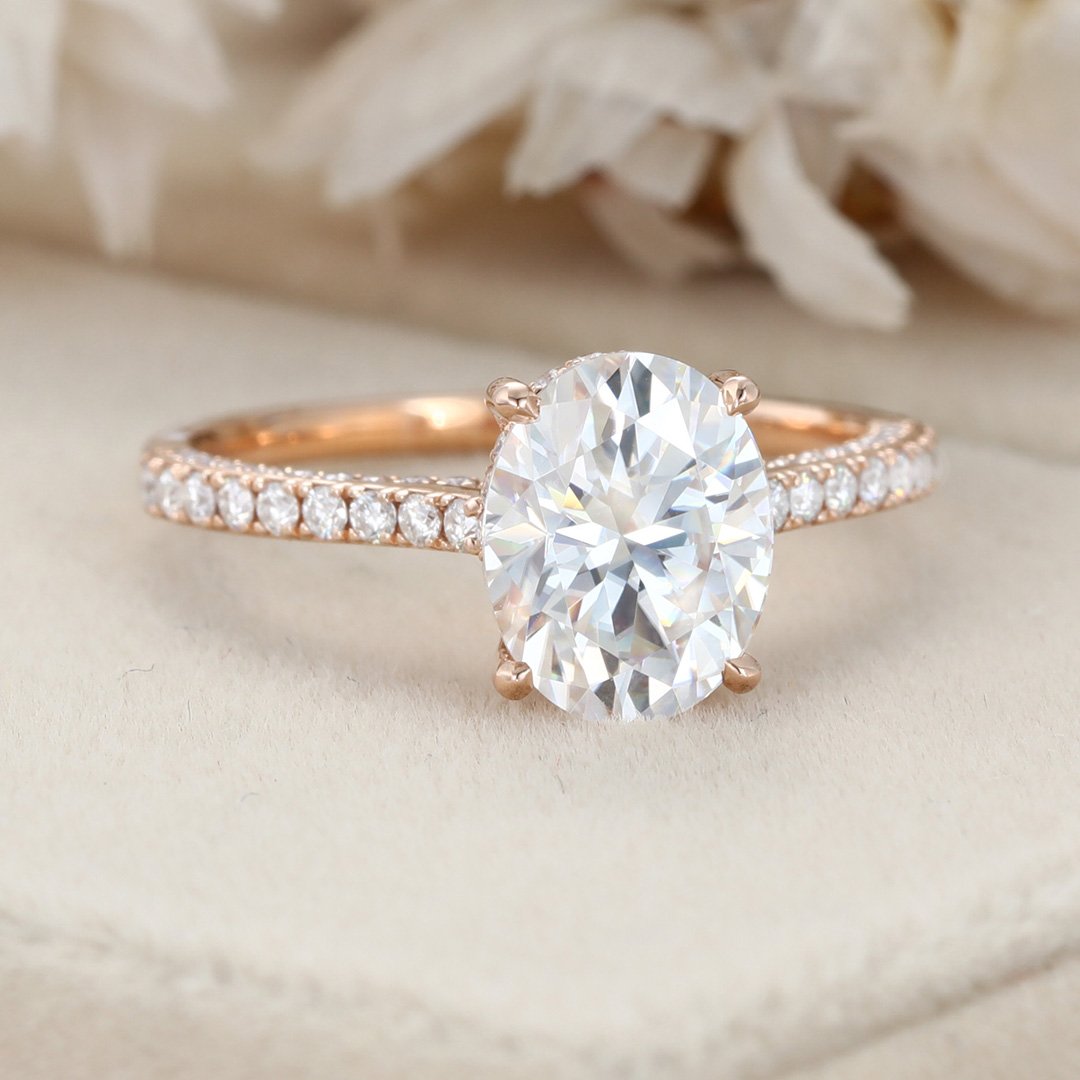2.0 Carats Oval Shape Moissanite Hidden Halo & Pave Engagement Ring
