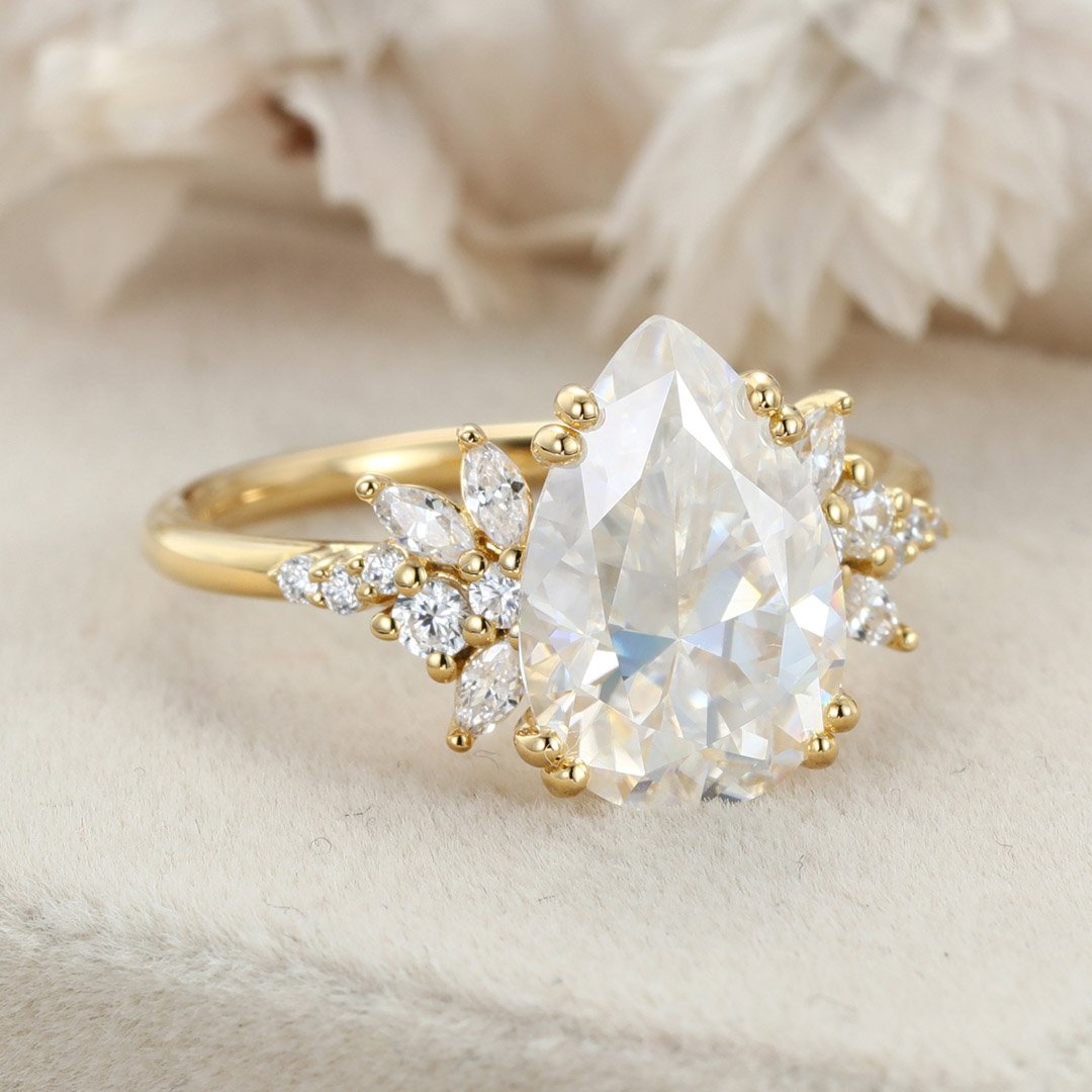 3.0 Carats Pear Shape Moissanite Cluster Engagement Ring