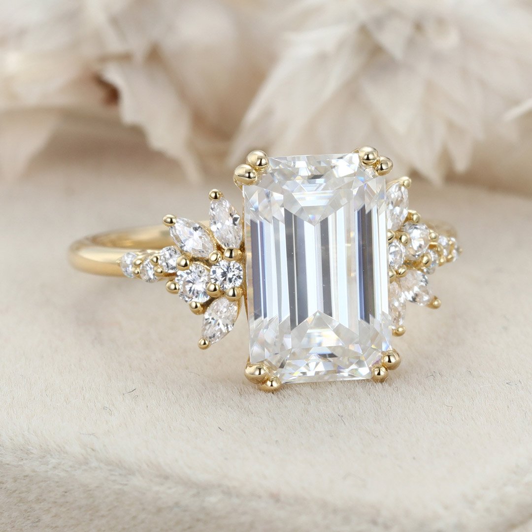 3.40 Carats Emerald Shape Moissanite Cluster Engagement Ring