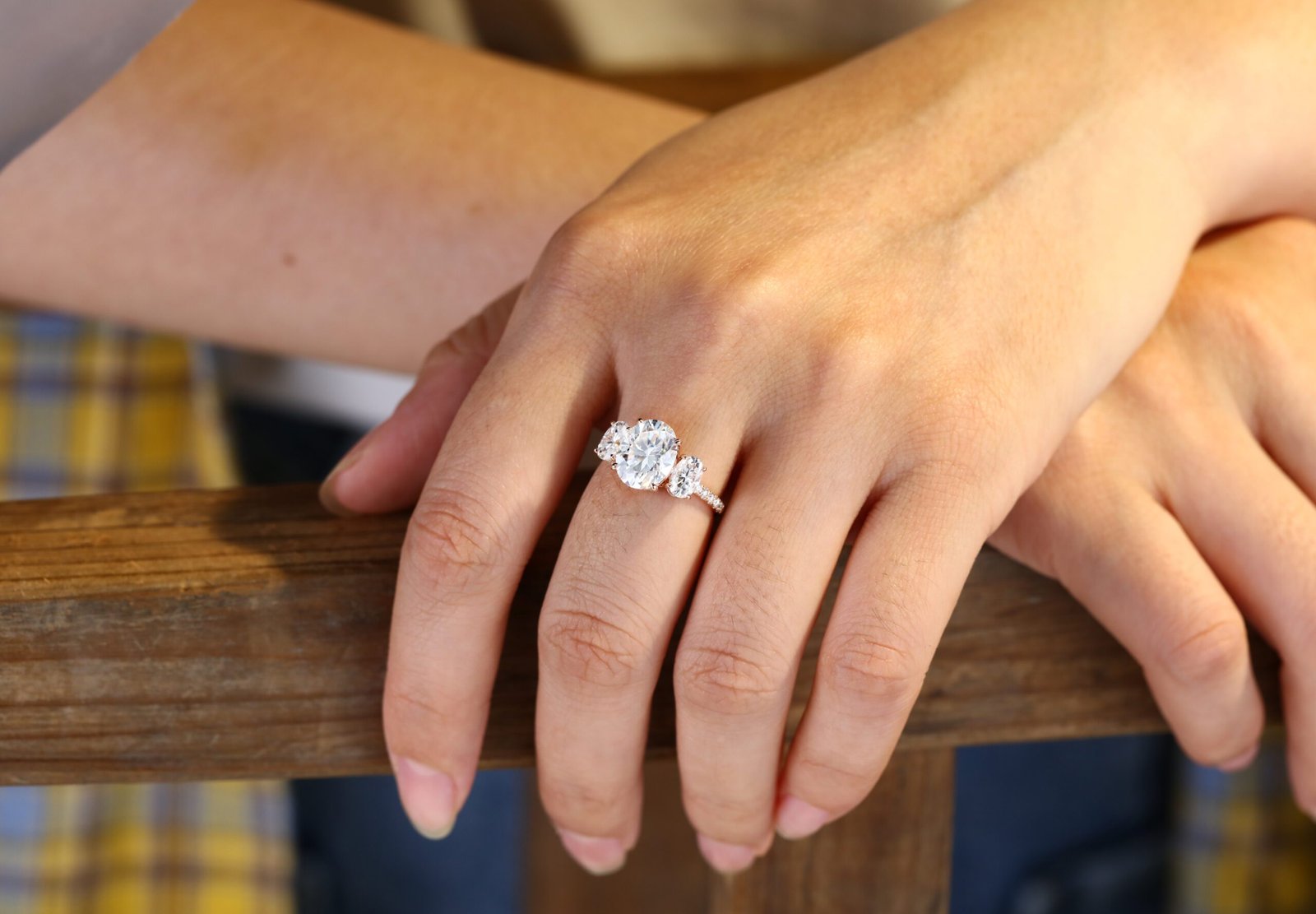 3.0 Carats Oval Shape Moissanite Three Stone & Pave Engagement Ring