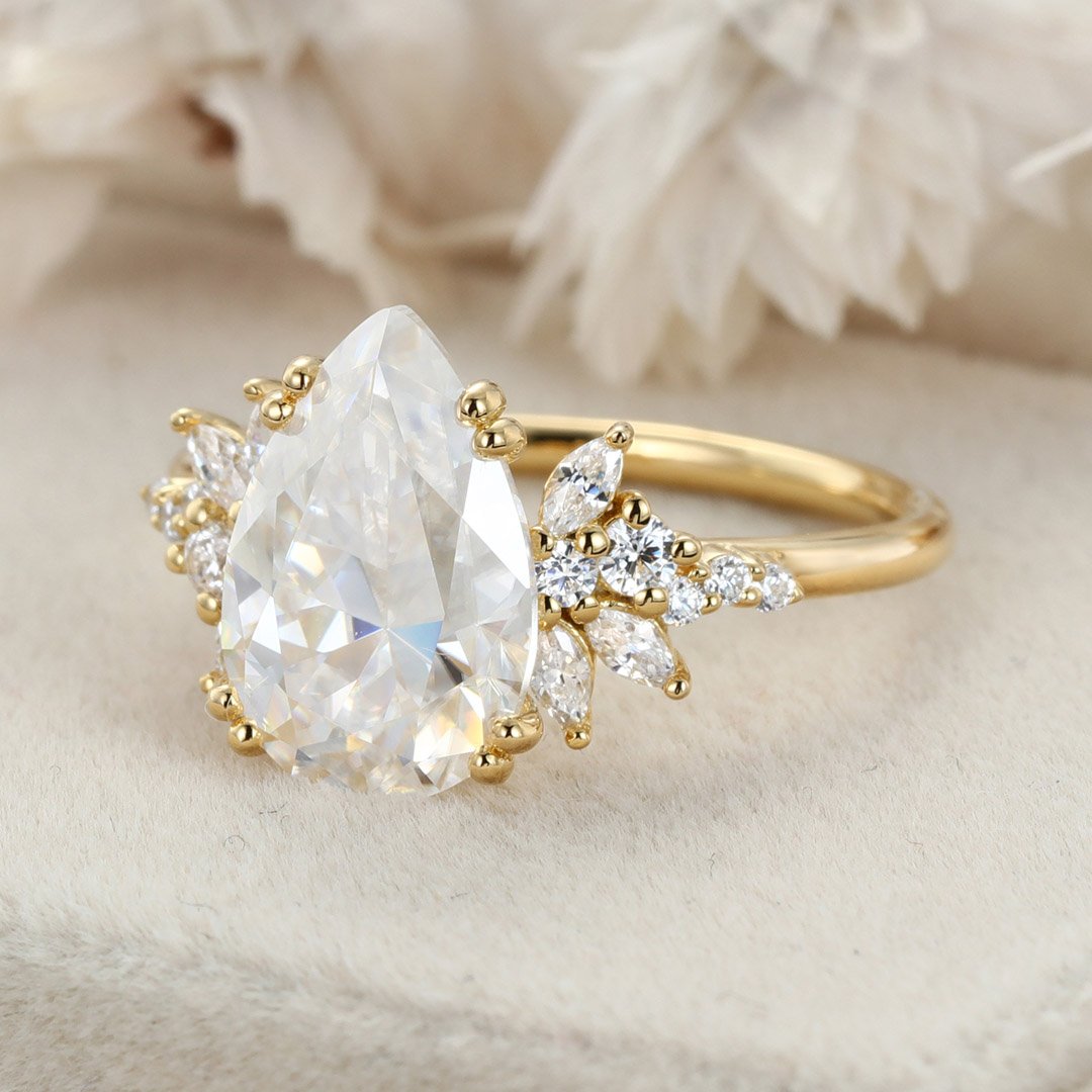 3.0 Carats Pear Shape Moissanite Cluster Engagement Ring