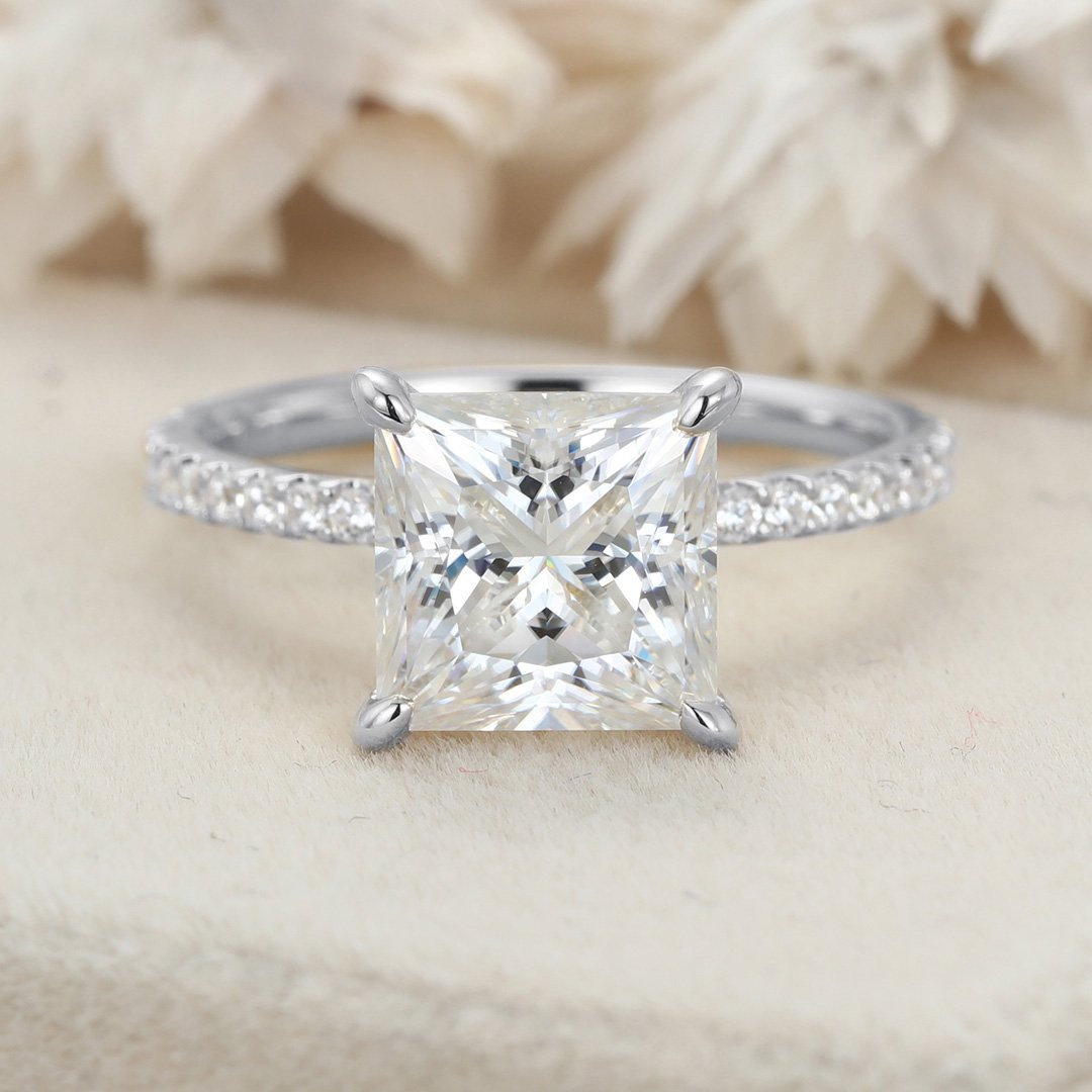 3.0 Carats Princess Shape Moissanite Hidden Halo & Pave Engagement Ring
