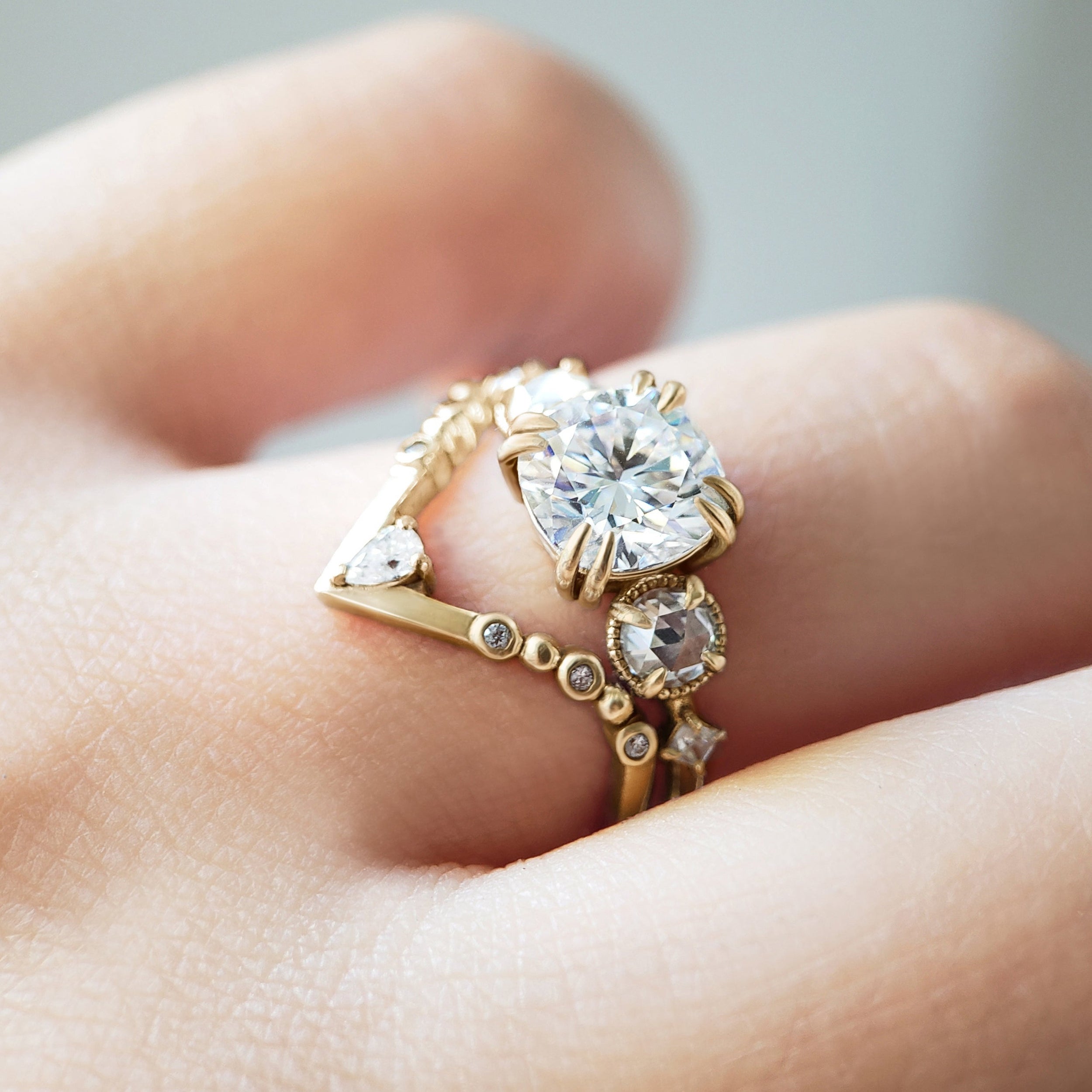 2.0 Carats Rose Cut Cushion Shape Moissanite Five Stone Engagement Ring