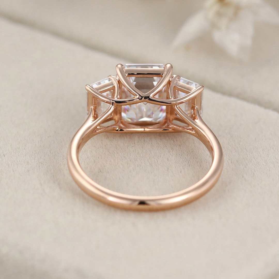 2.5 Carats Emerald Shape Moissanite Three Stone Engagement Ring