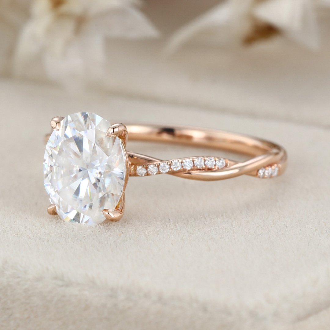 2.0 Carats Oval Shape Moissanite Twisted Pave Engagement Ring