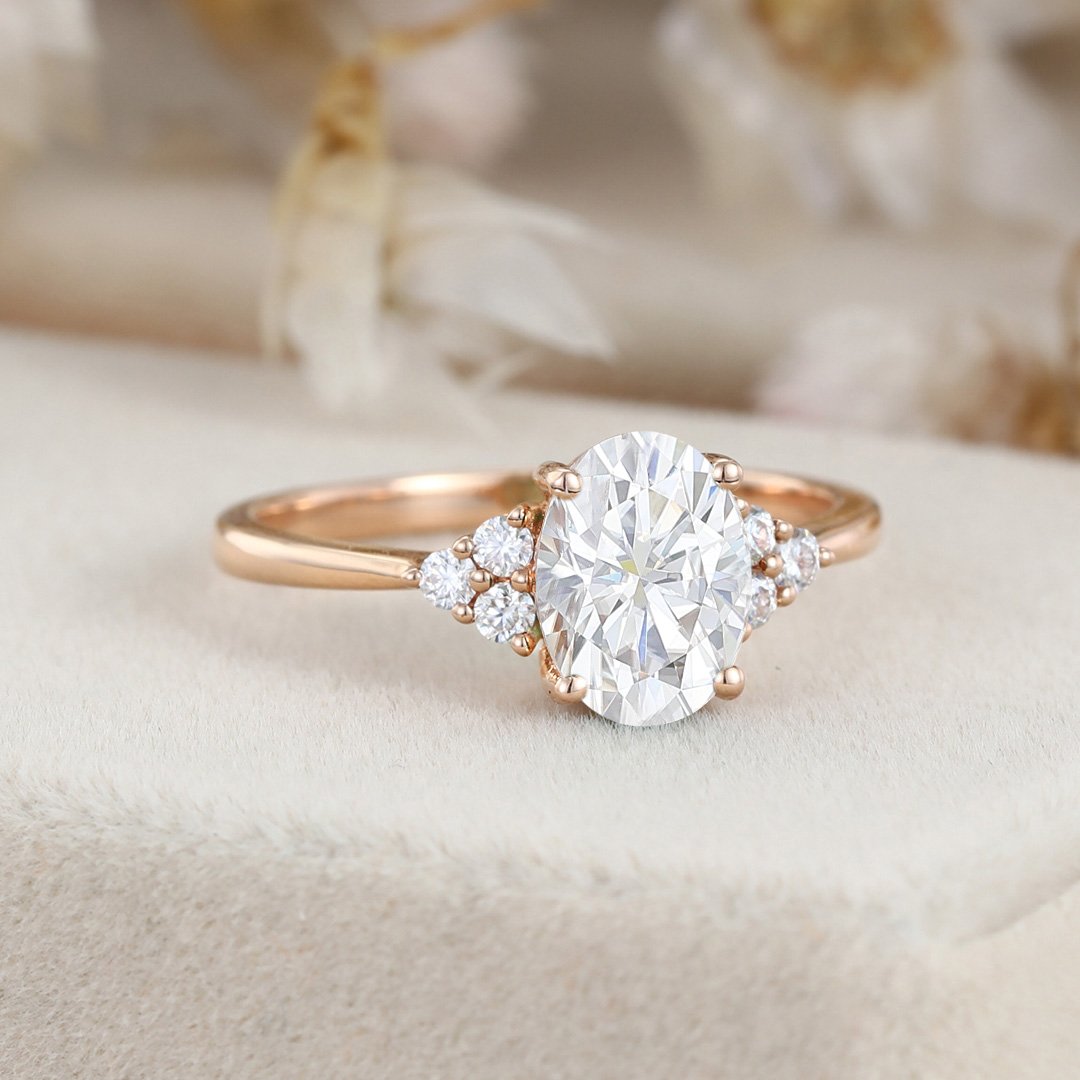 1.50 Carats Oval Shape Moissanite Cluster Engagement Ring