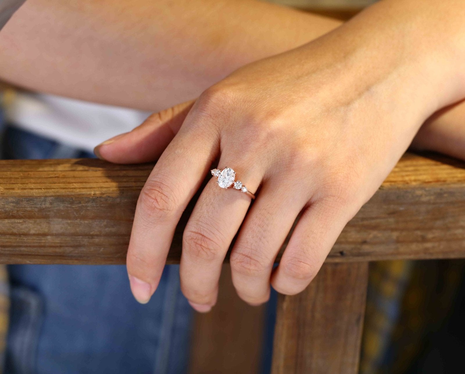 1.50 Carats Oval Shape Moissanite Five Stone Engagement Ring