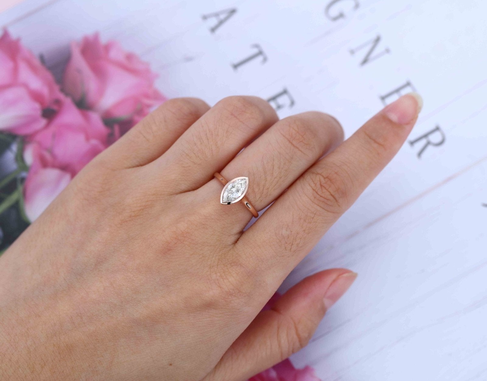 1.0 Carats Marquise Shape Moissanite Bezel Solitaire Engagement Ring