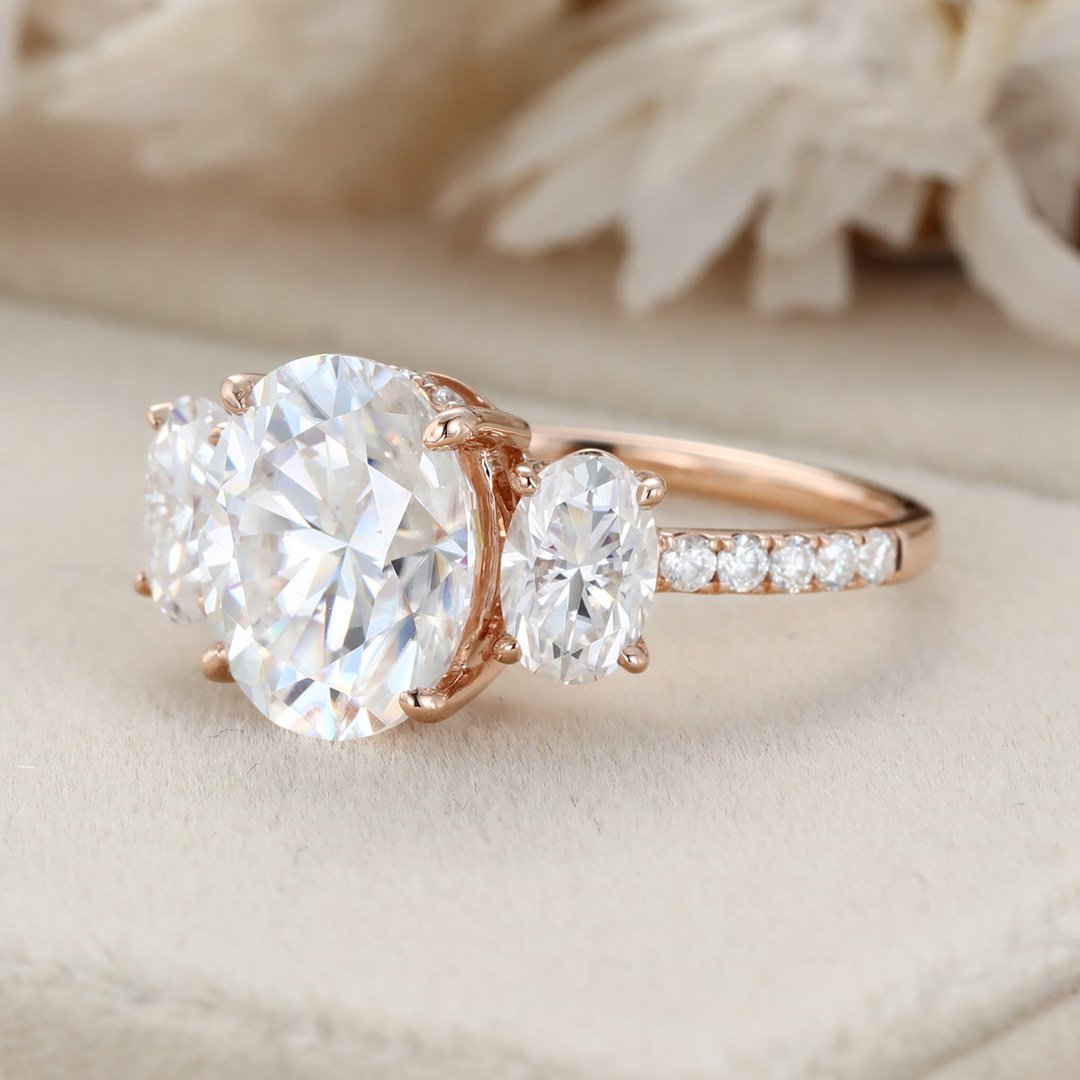 3.0 Carats Oval Shape Moissanite Three Stone & Pave Engagement Ring