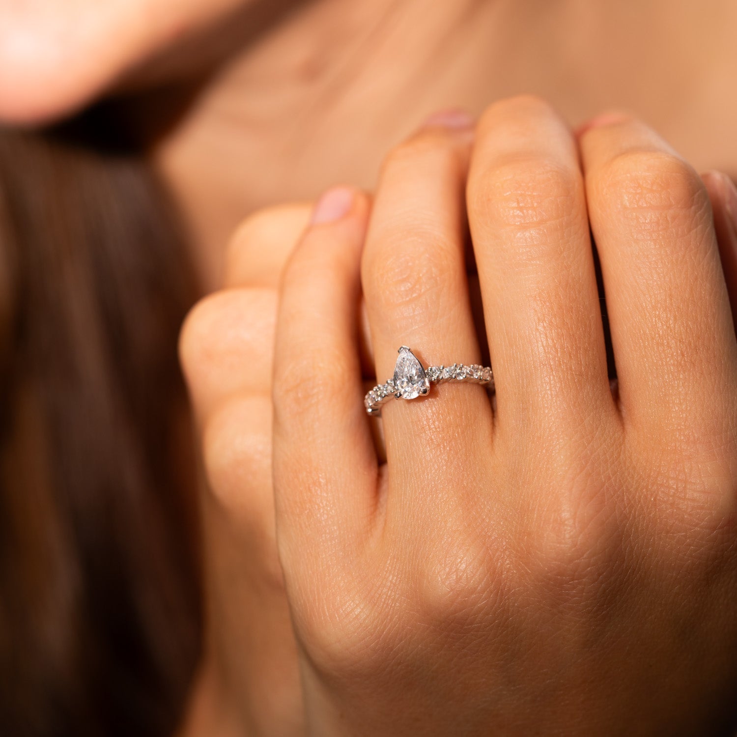 1.09 Carats Pear Shape Moissanite Pave Engagement Ring