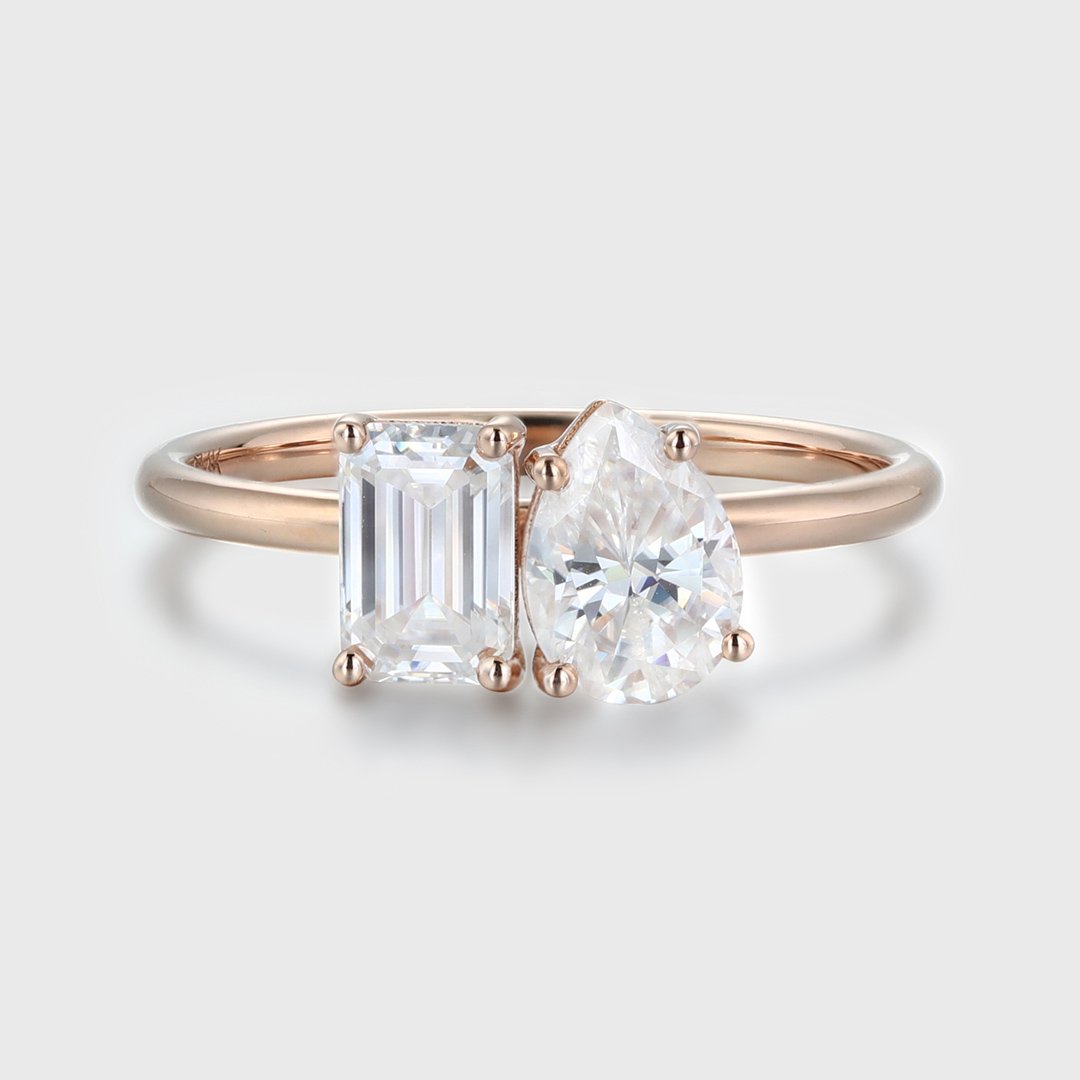 1.40 Carats Pear & Emerald Shape Moissanite Two Stone Engagement Ring