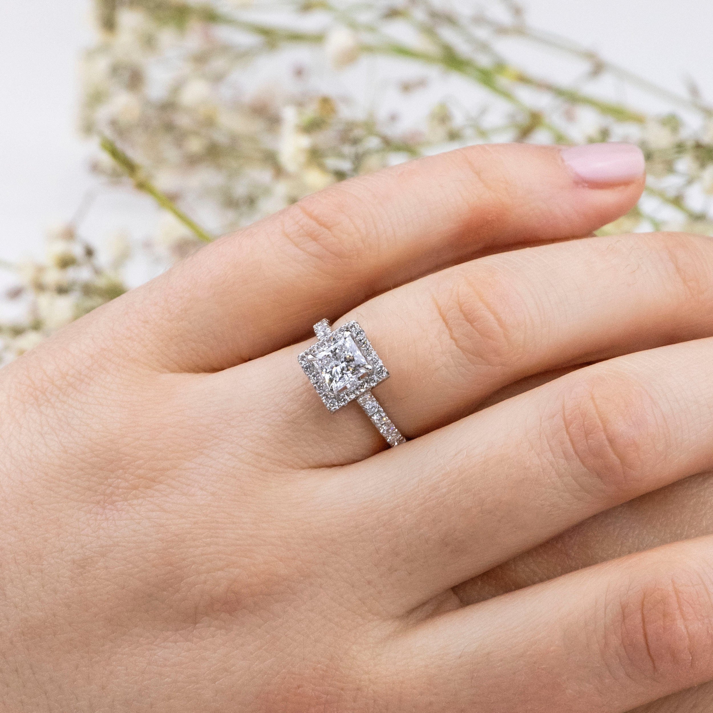 1.03 Carats Princess Shape Moissanite Halo & Pave Engagement Ring