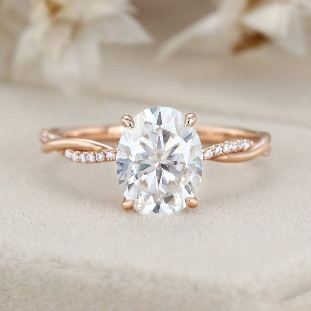 2.0 Carats Oval Shape Moissanite Twisted Pave Engagement Ring