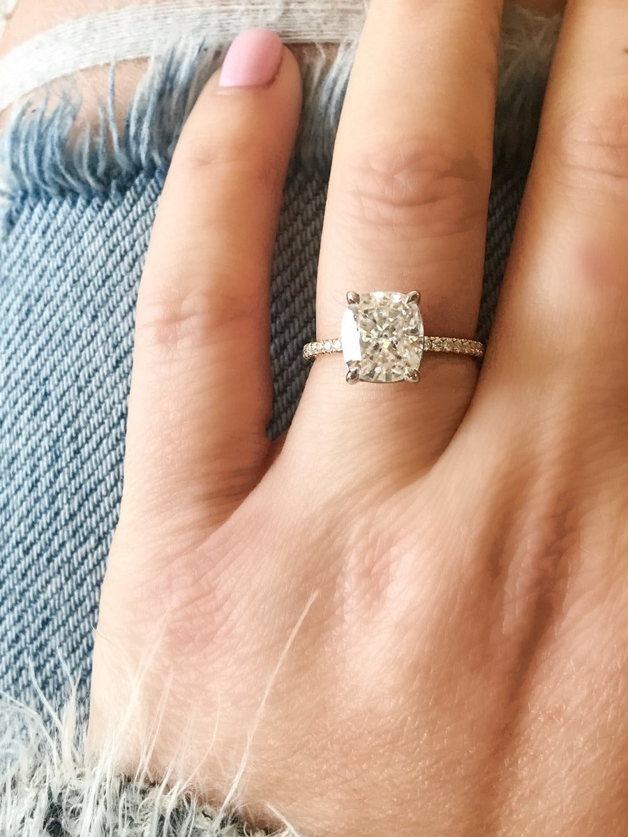 3.0 Carats Cushion Shape Moissanite pave Engagement Ring