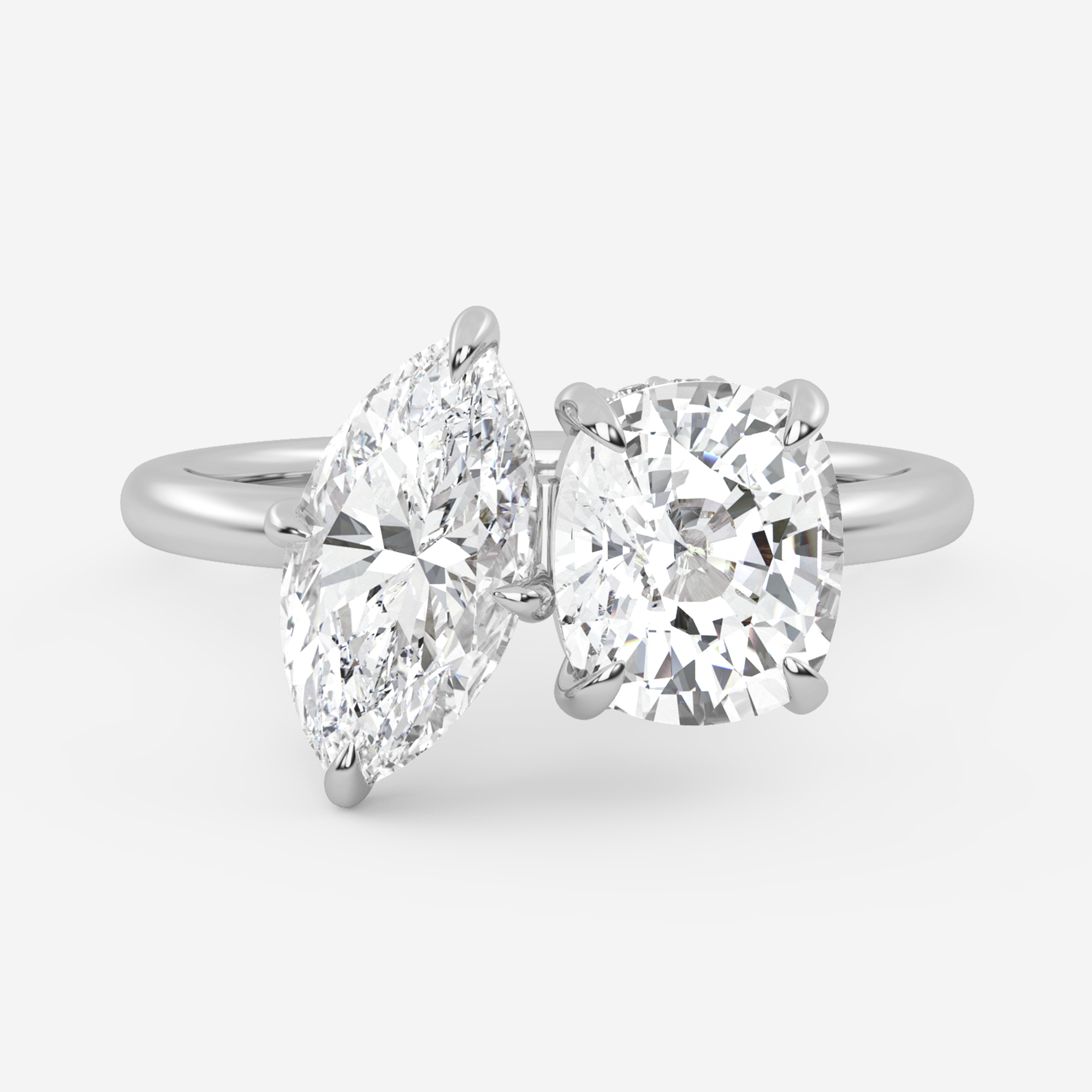 1.25 Carats Marquise & Cushion Shape Moissanite Two Stone Engagement Ring