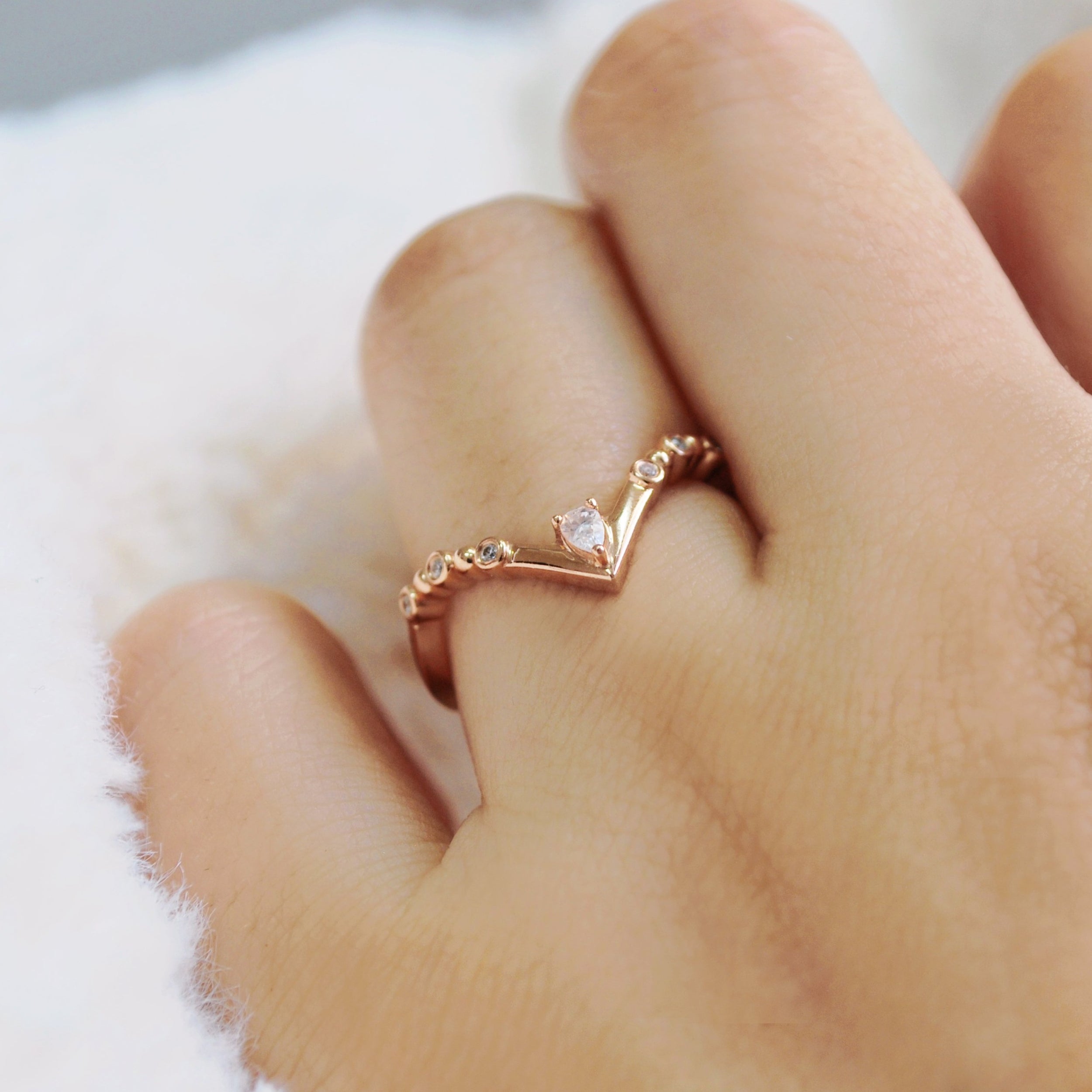 0.12 Carats Moissanite Round & Pear Shape V Shape Wedding Band