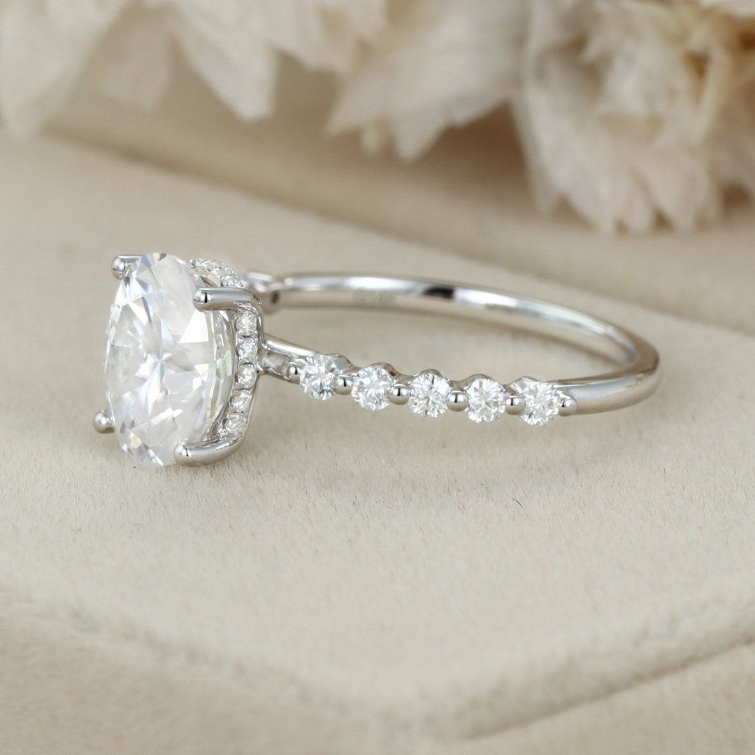 2.0 Carats Oval Shape Moissanite Hidden Halo & Pave Engagement Ring