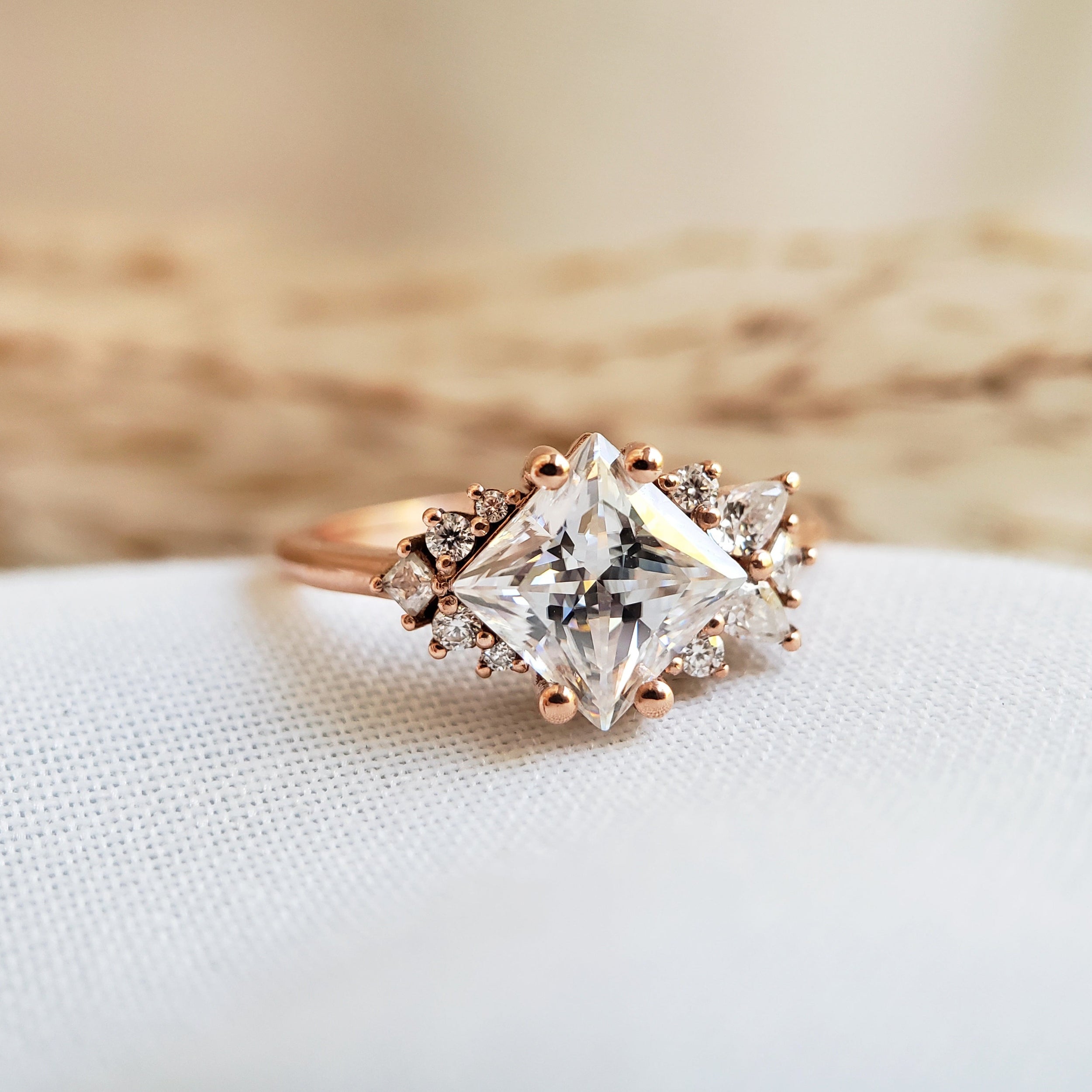 1.50 Carats Princess Shape Moissanite Cluster Engagement Ring