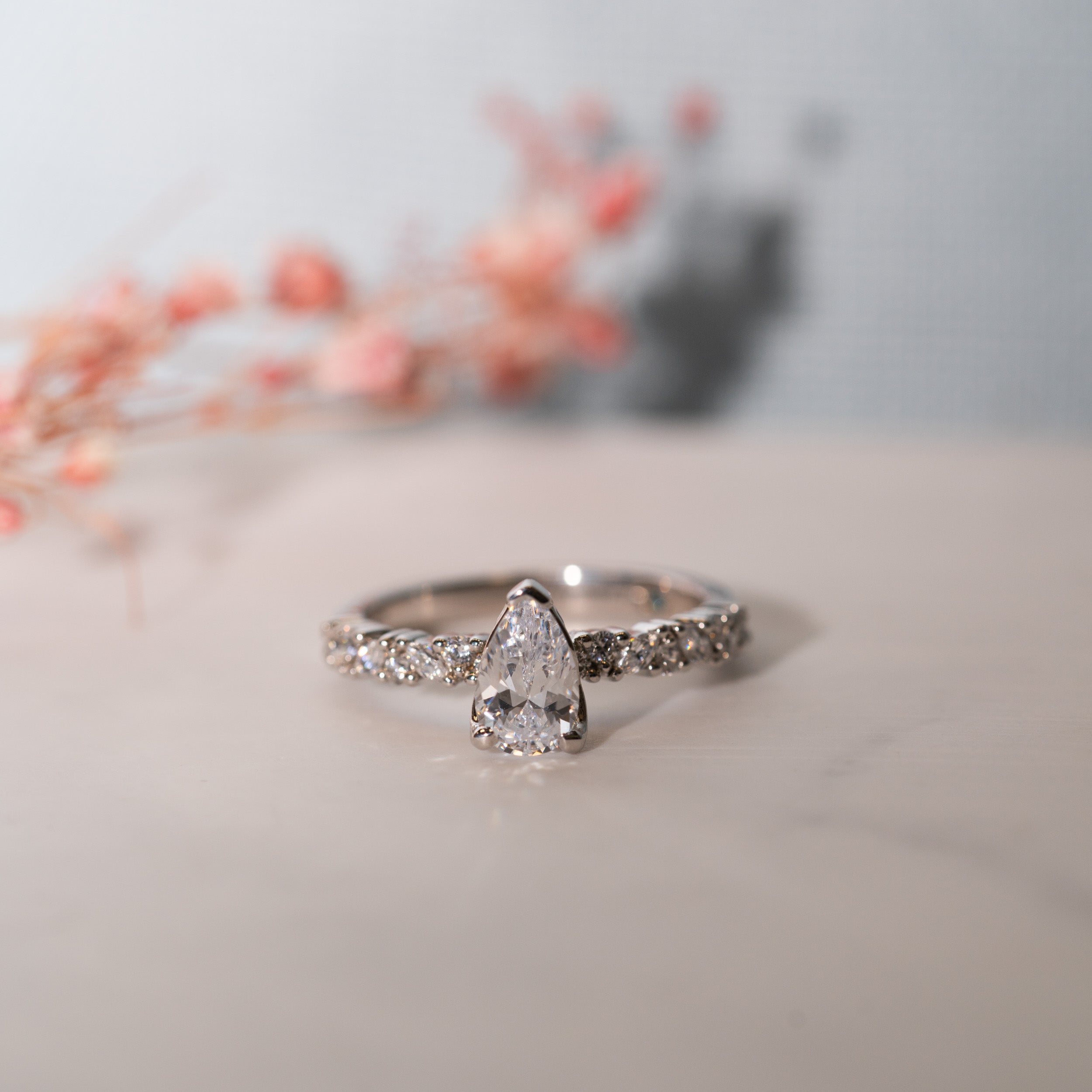 1.09 Carats Pear Shape Moissanite Pave Engagement Ring