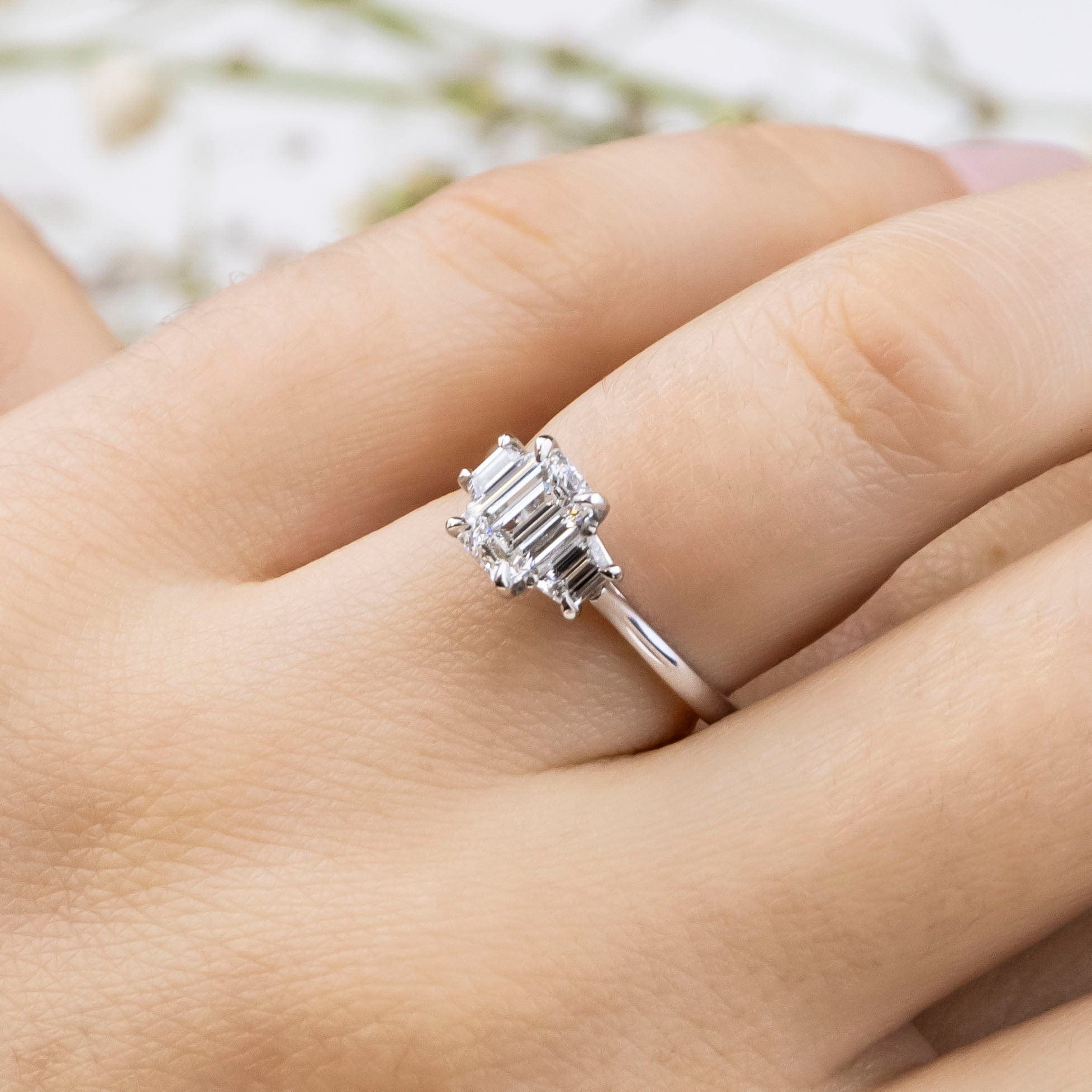 1.04 Carats Emerald Shape Moissanite Three Stone Engagement Ring