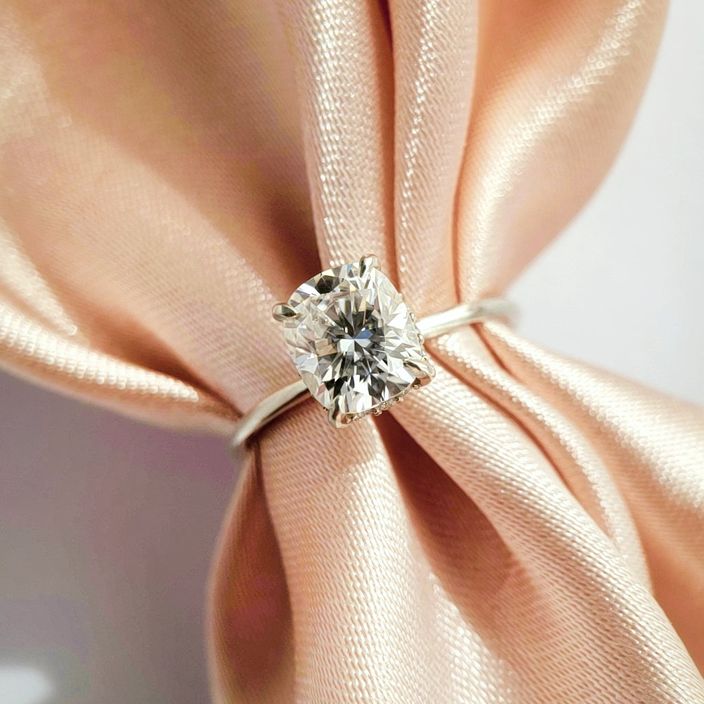 1.25 Carats Cushion Shape Moissanite Hidden Halo Engagement Ring