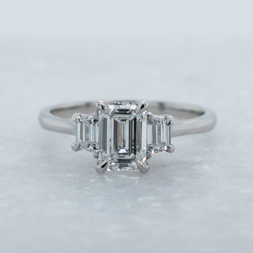 1.04 Carats Emerald Shape Moissanite Three Stone Engagement Ring