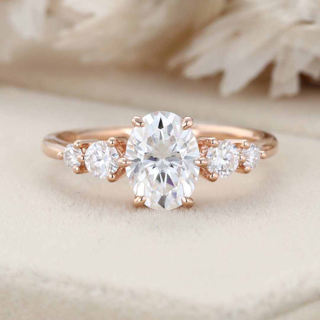 1.50 Carats Oval Shape Moissanite Five Stone Engagement Ring