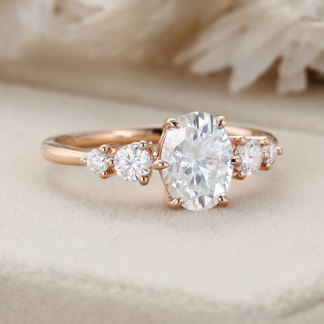 1.50 Carats Oval Shape Moissanite Five Stone Engagement Ring