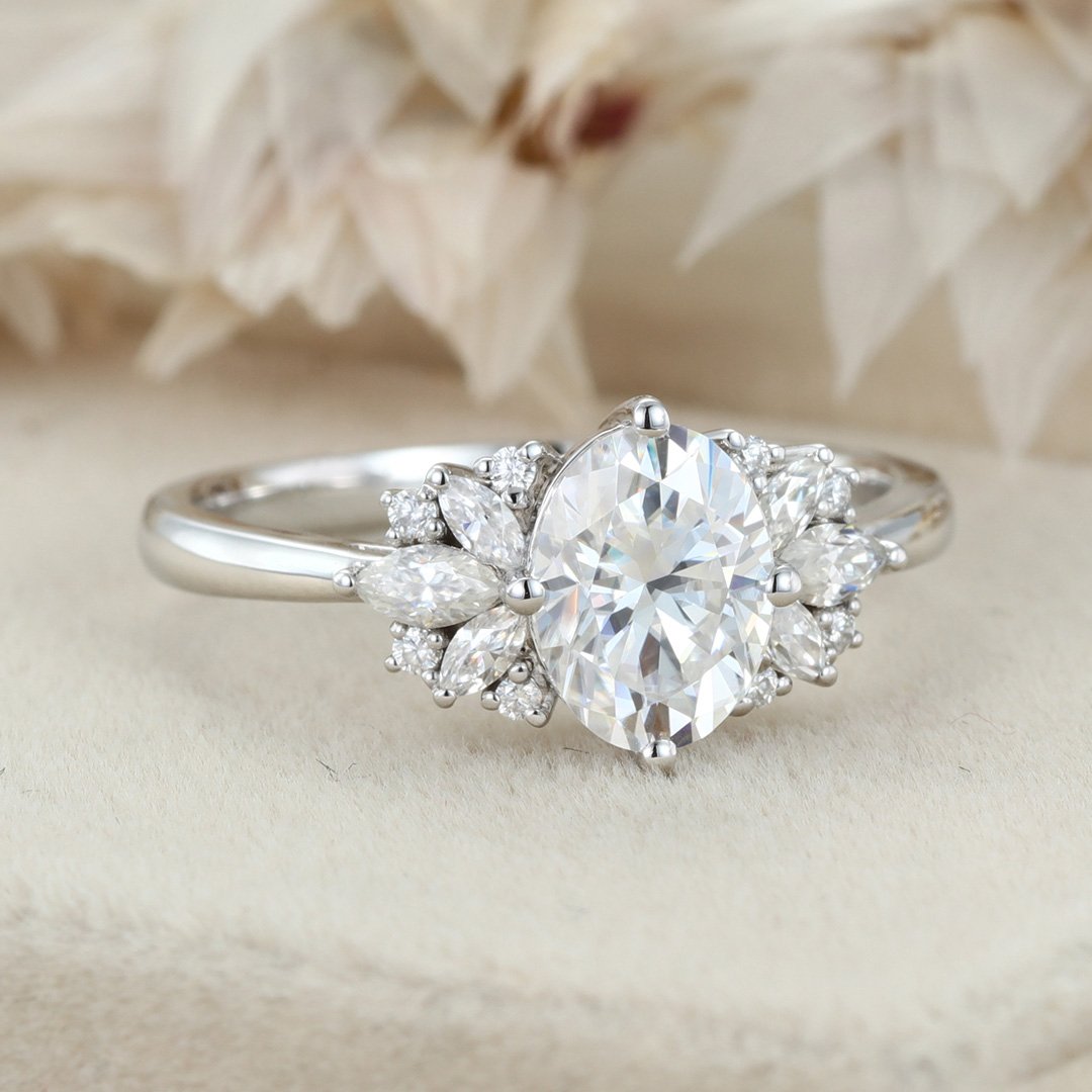 2.0 Carats Oval Shape Moissanite Cluster Engagement Ring