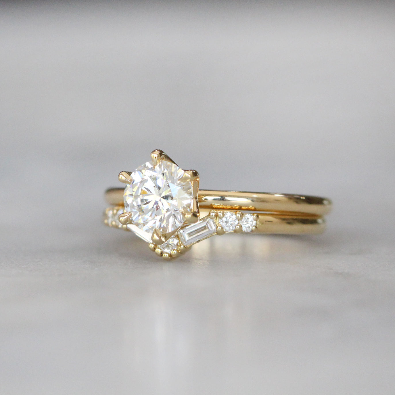 0.45 Carats Moissanite Round & Baguette V Shape Wedding Band