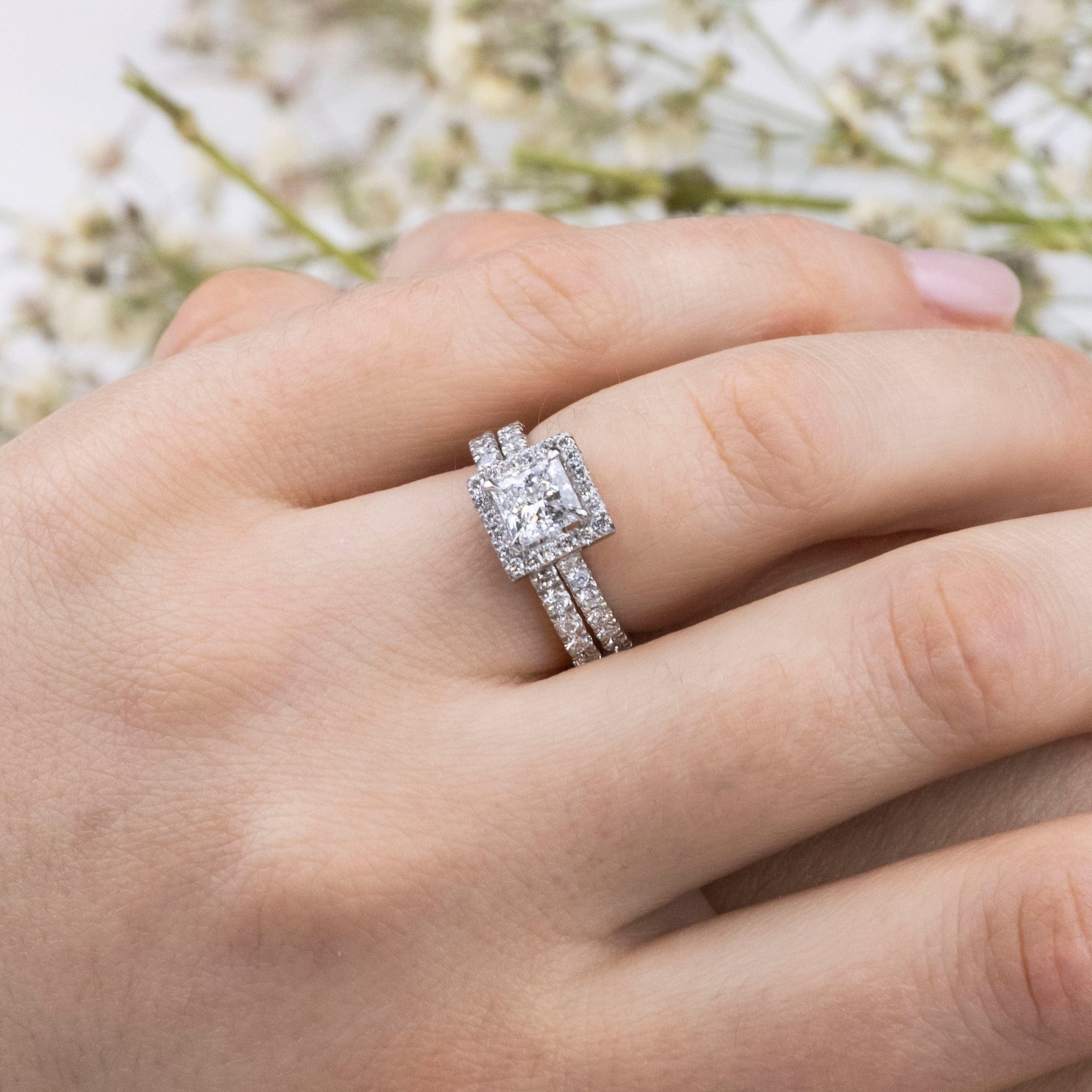 1.03 Carats Princess Shape Moissanite Halo & Pave Engagement Ring