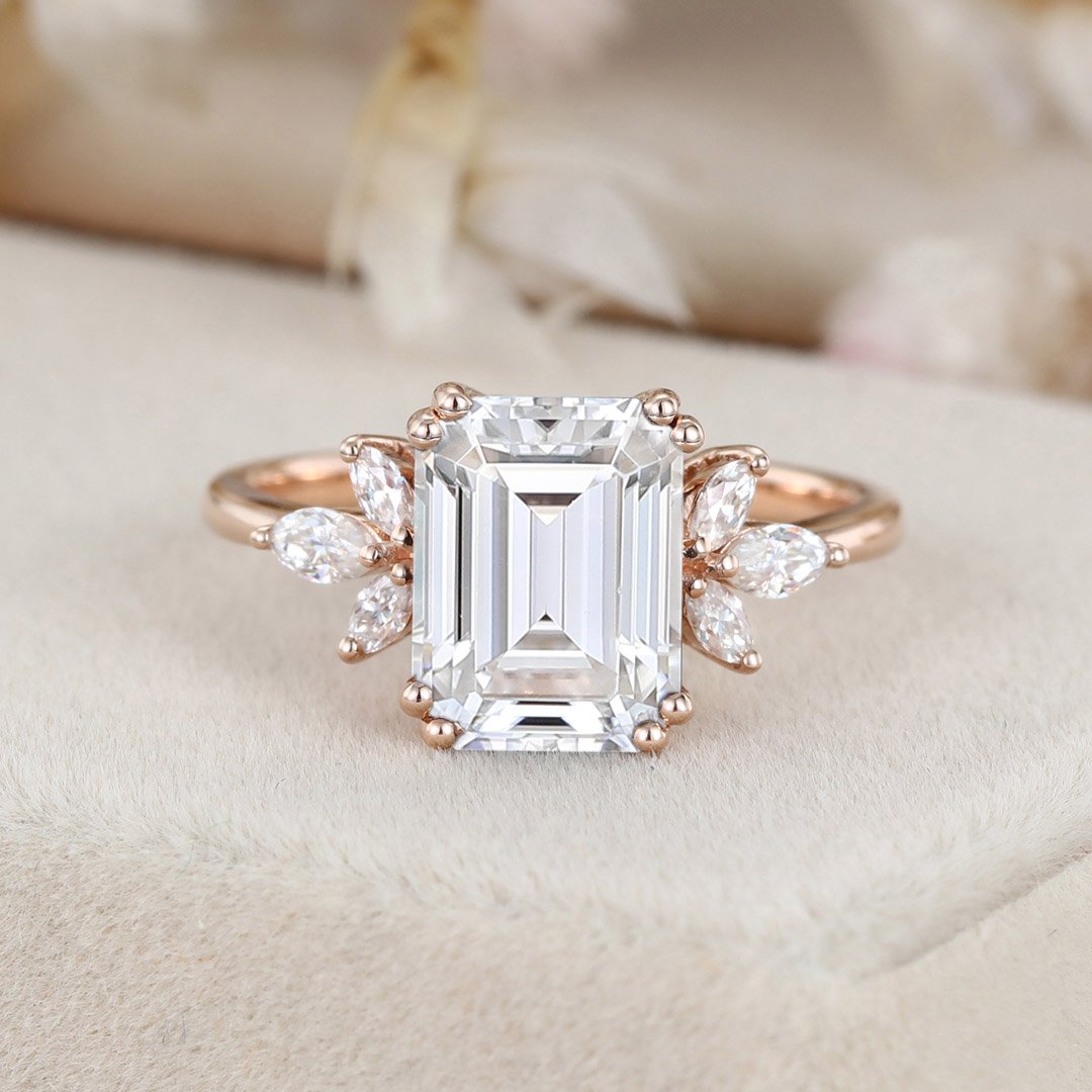 3.0 Carats Emerald Shape Moissanite Cluster Engagement Ring