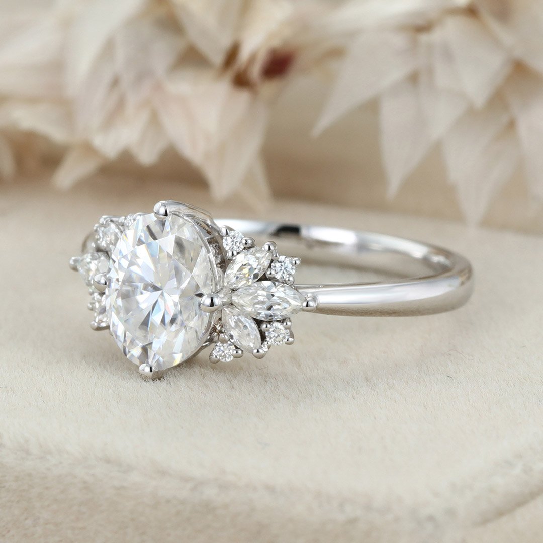2.0 Carats Oval Shape Moissanite Cluster Engagement Ring