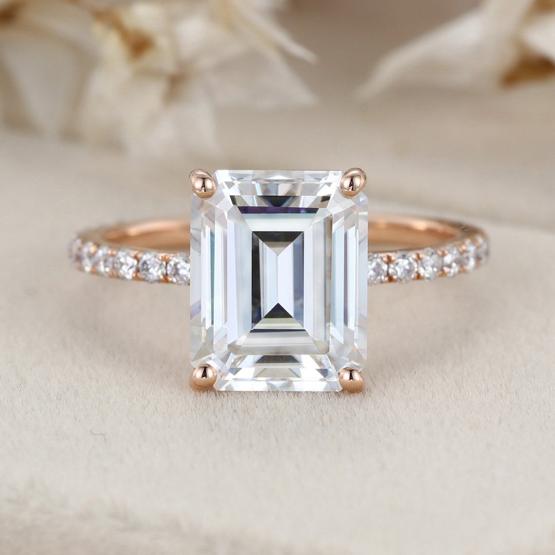 4.0 Carats Emerald Shape Moissanite Pave Engagement Ring