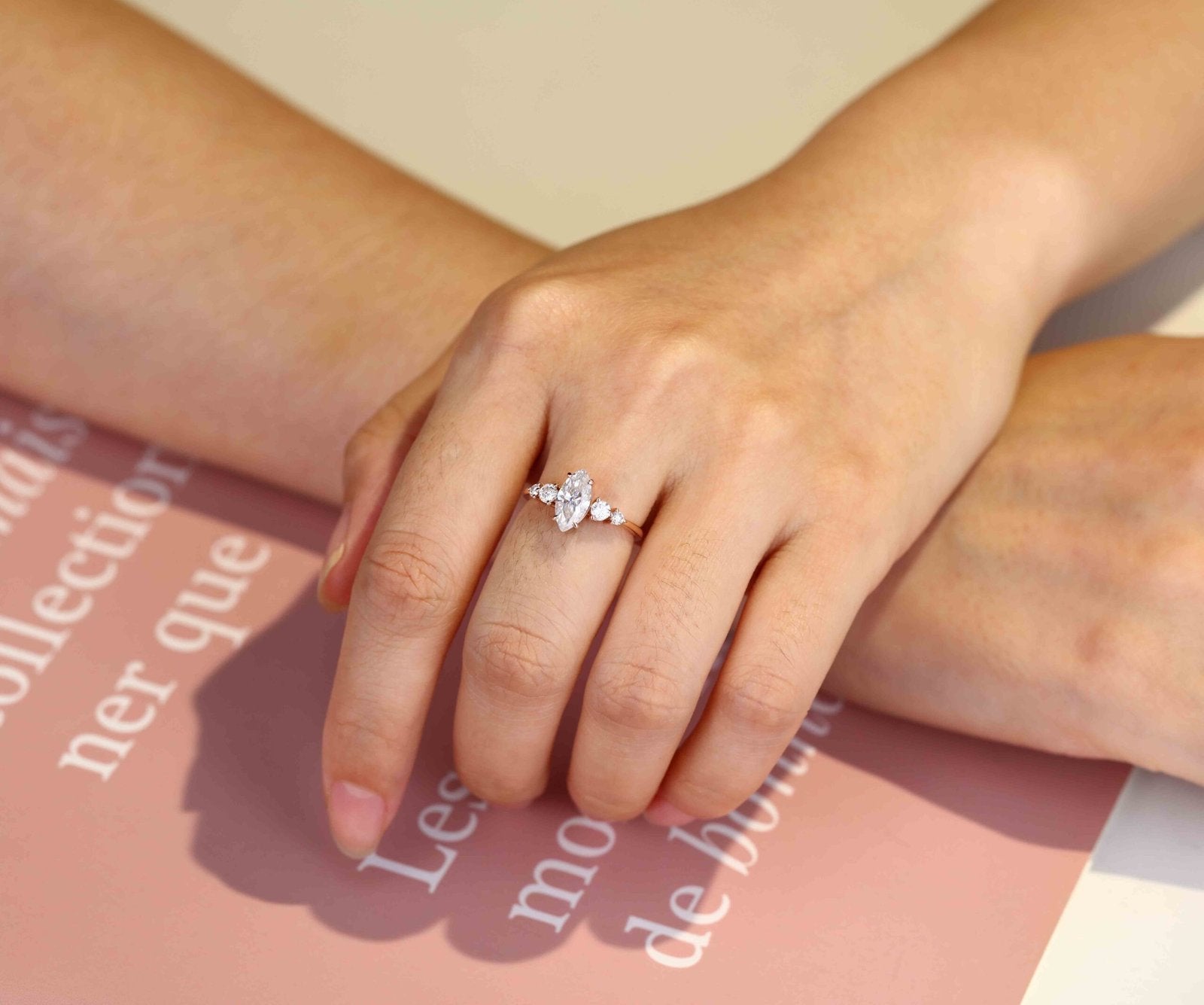 1.0 Carats Marquise Shape Moissanite Five Stone Engagement Ring