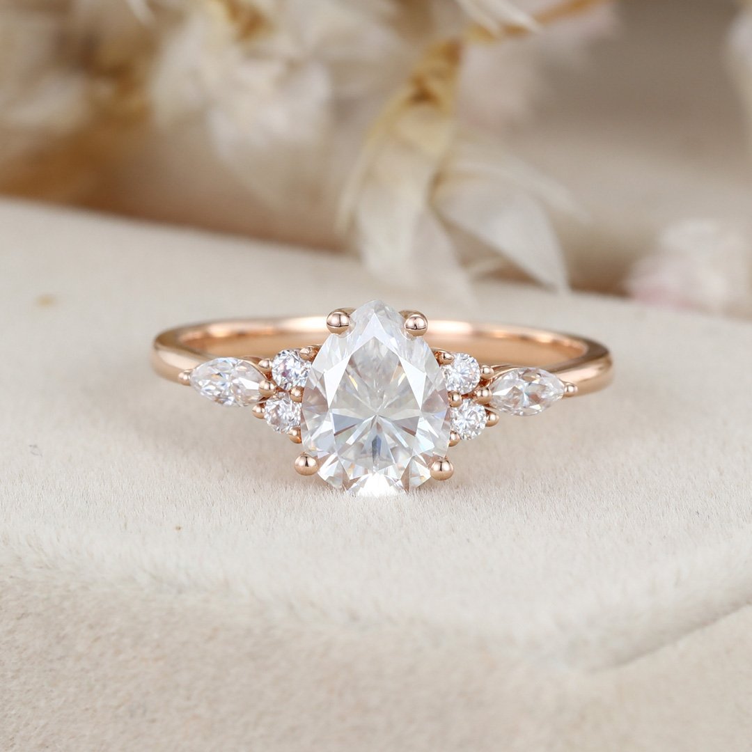 1.50 Carats Pear Shape Moissanite Cluster Engagement Ring