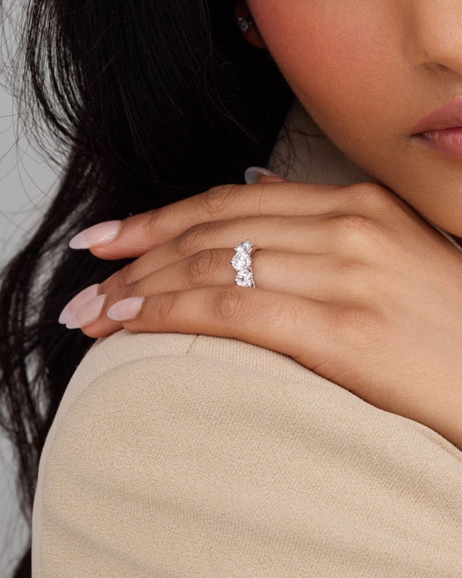 1.10 Carats Round Shape Moissanite Three Stone Engagement Ring