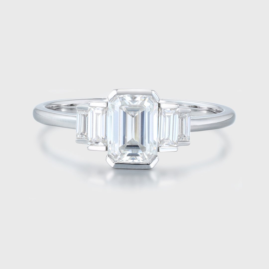 1.0 Carats Emerald Shape Moissanite Five Stone Engagement Ring