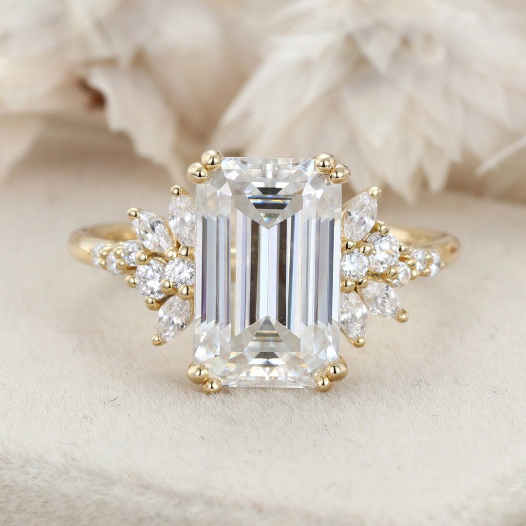 3.40 Carats Emerald Shape Moissanite Cluster Engagement Ring