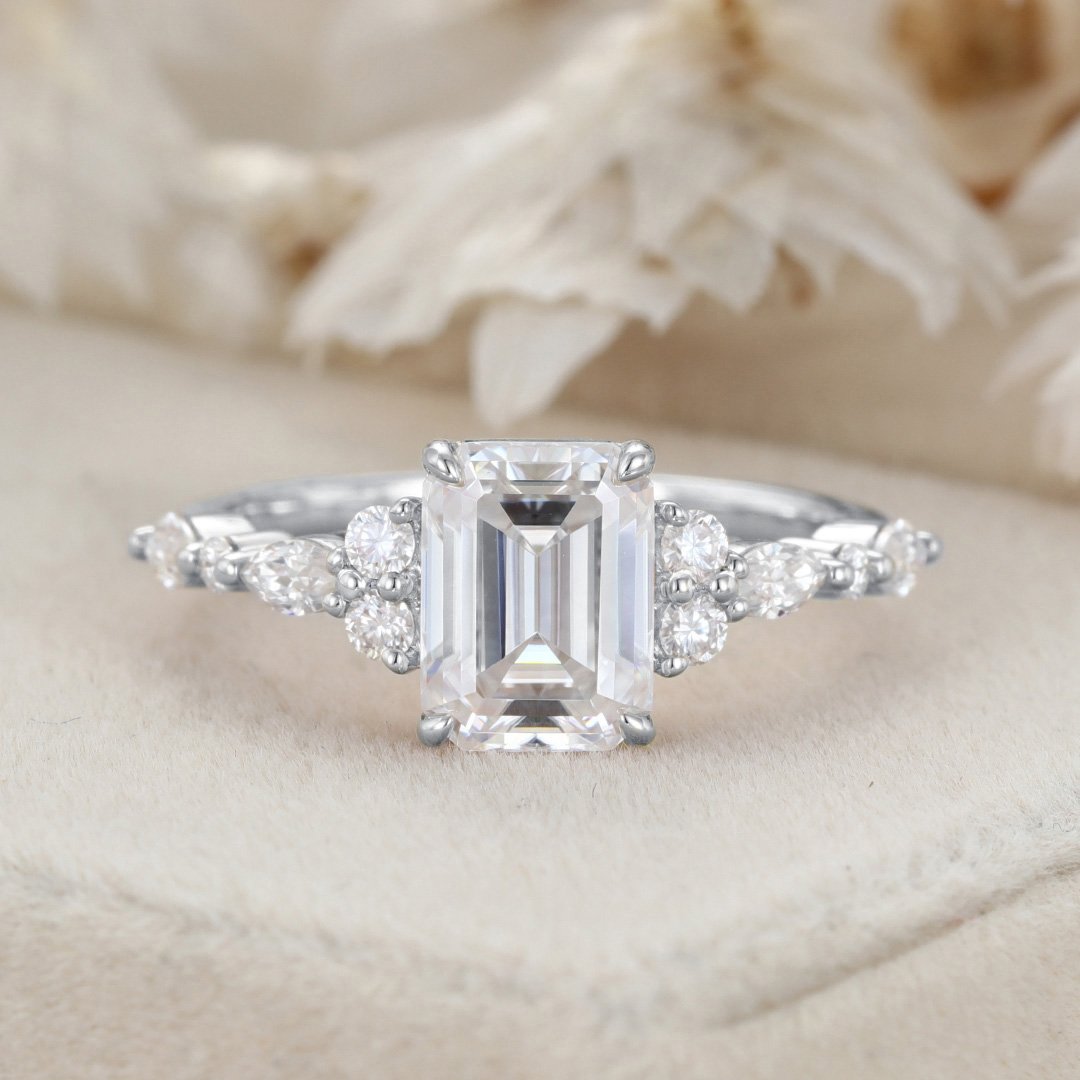 2.0 Carats Emerald Shape Moissanite Cluster & Pave Engagement Ring
