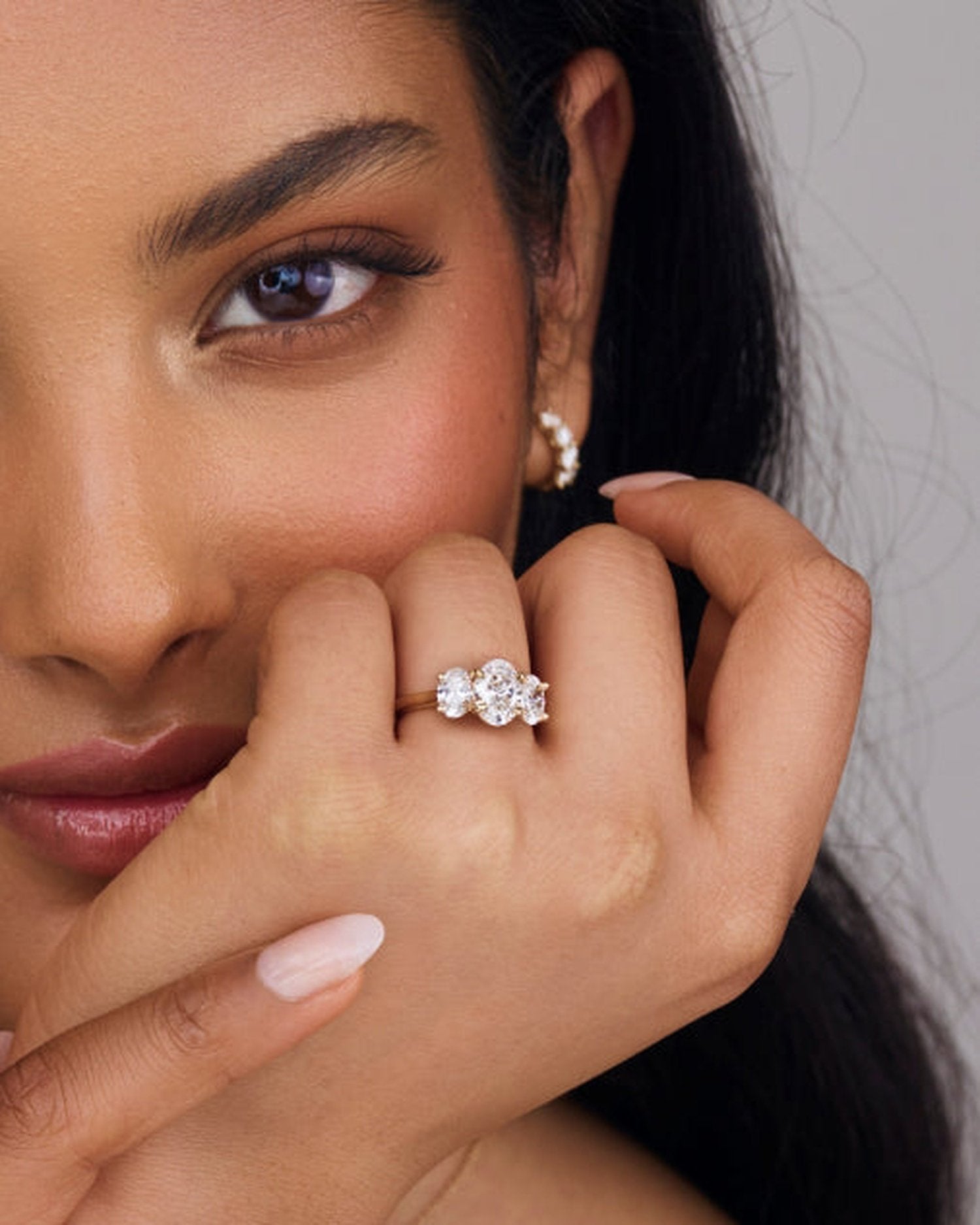 1.30 Carats Oval Shape Moissanite Three Stone Engagement Ring