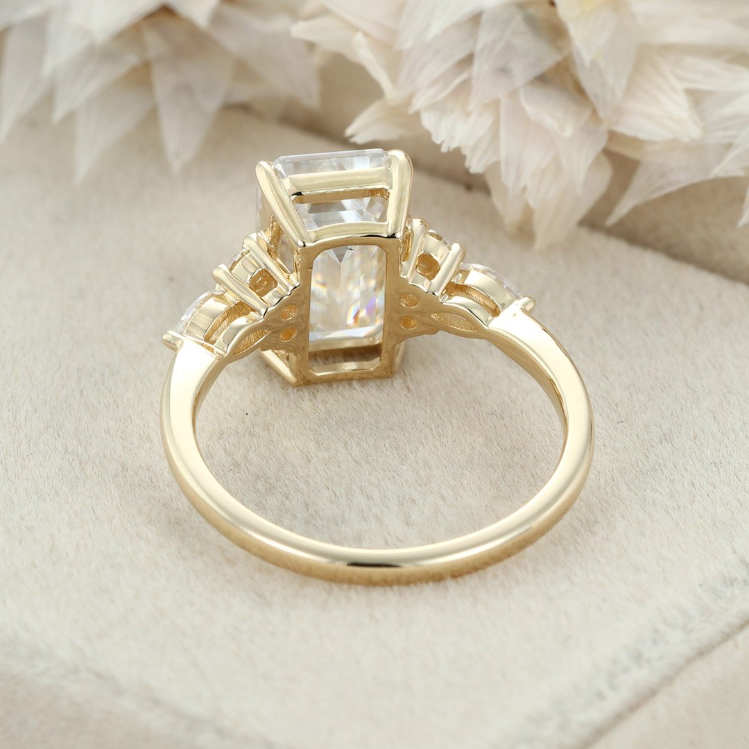 3.50 Carats Emerald Shape Moissanite Cluster Engagement Ring