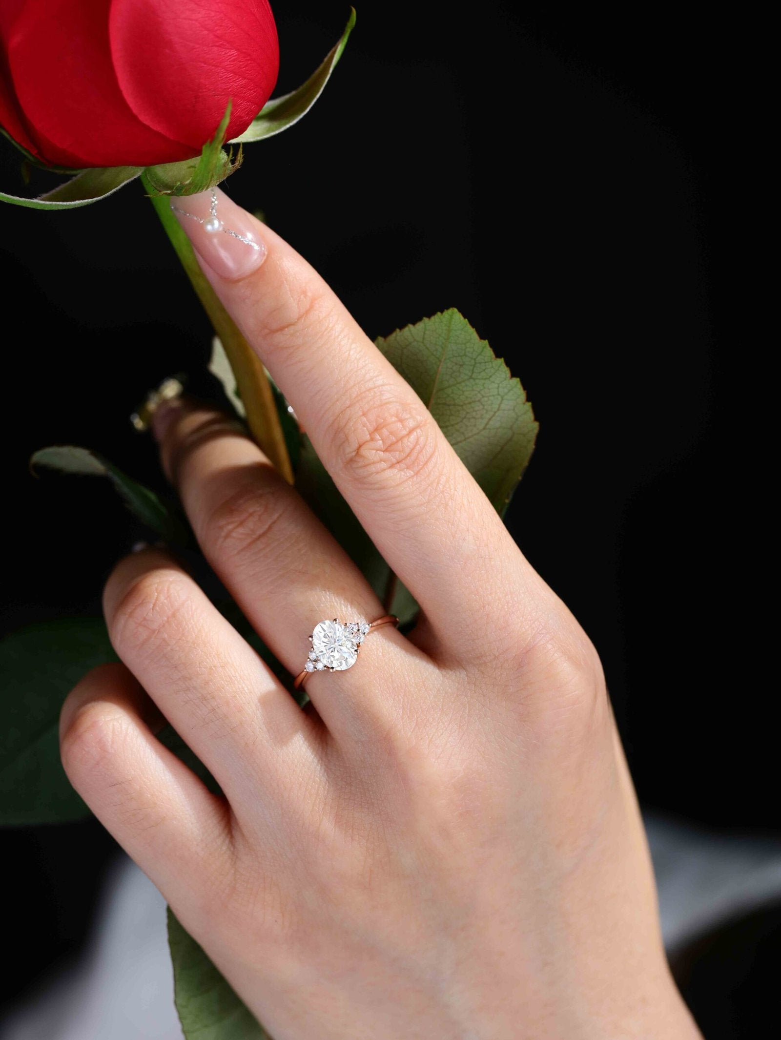1.50 Carats Oval Shape Moissanite Cluster Engagement Ring