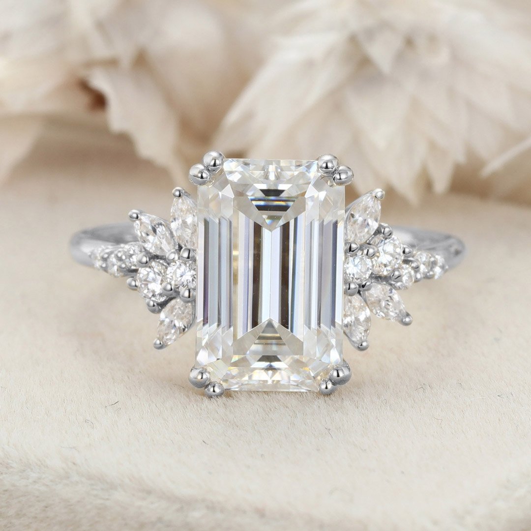 3.40 Carats Emerald Shape Moissanite Cluster Engagement Ring
