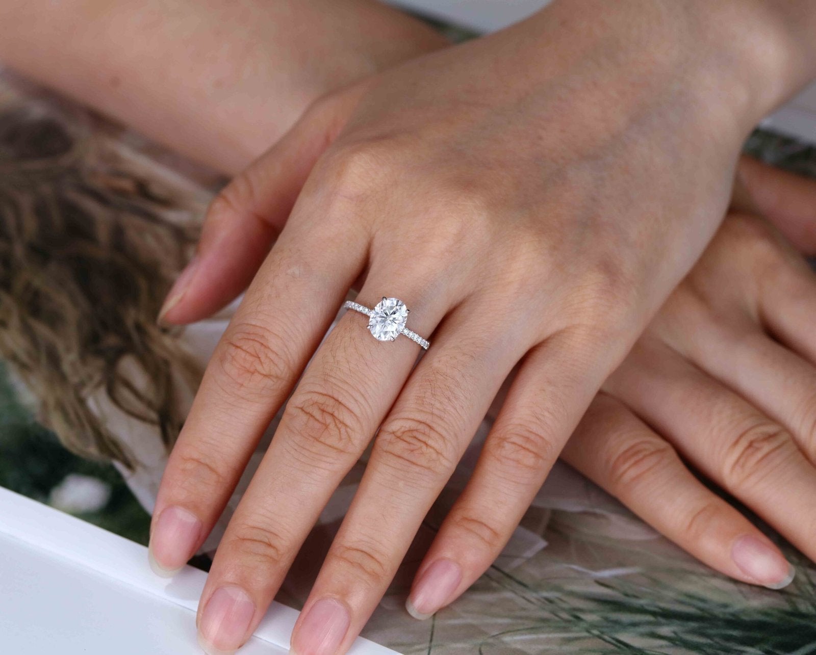 2.0 Carats Oval Shape Moissanite Hidden Halo & Pave Engagement Ring