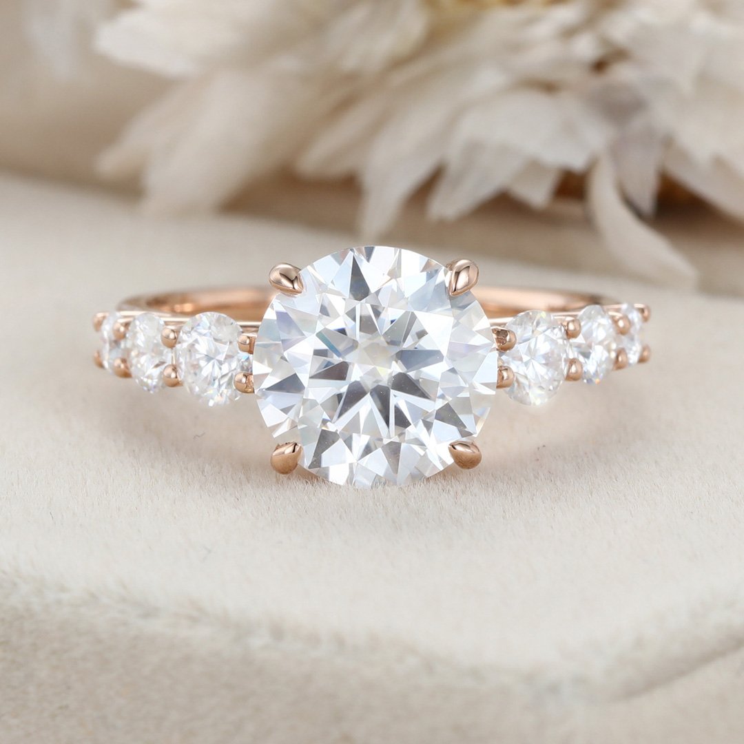 3.0 Carats Round Shape Moissanite Seven Stone Engagement Ring