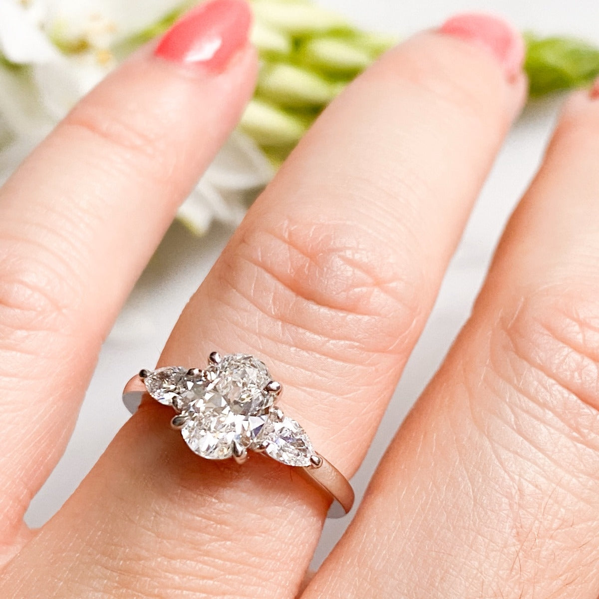 1.16 Carats Oval Shape Moissanite Three Stone Engagement Ring