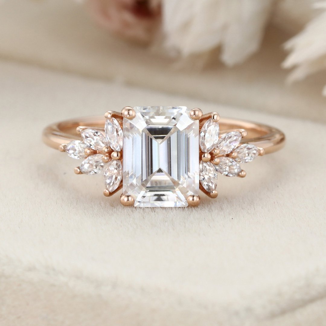 2.0 Carats Emerald Shape Moissanite Cluster Engagement Ring