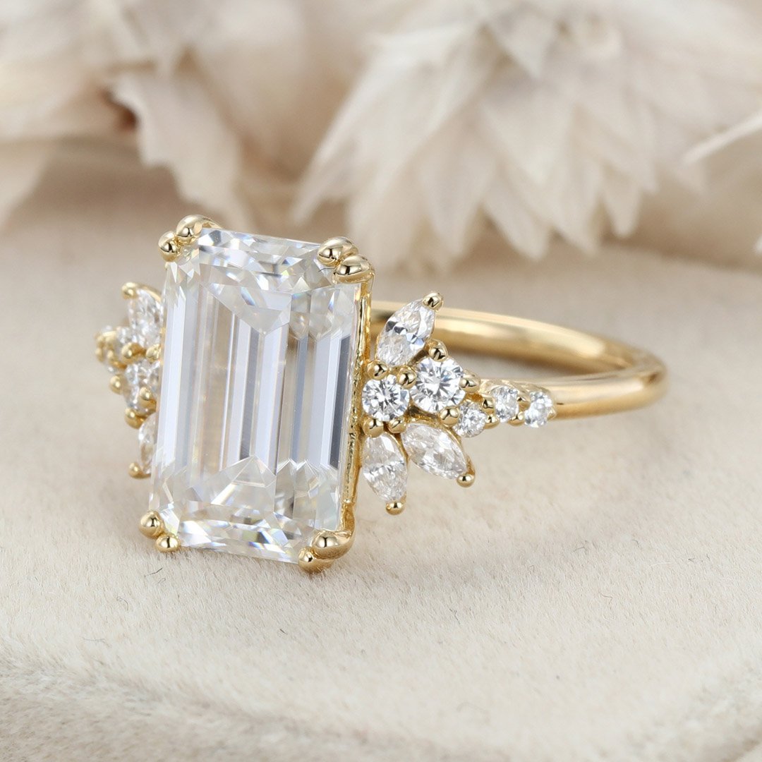 3.40 Carats Emerald Shape Moissanite Cluster Engagement Ring